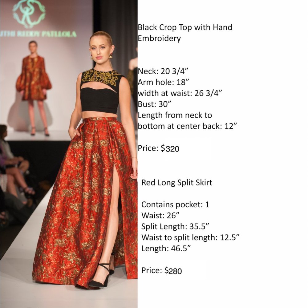 New Black Crop Top Paired with Red Long Split Skirt